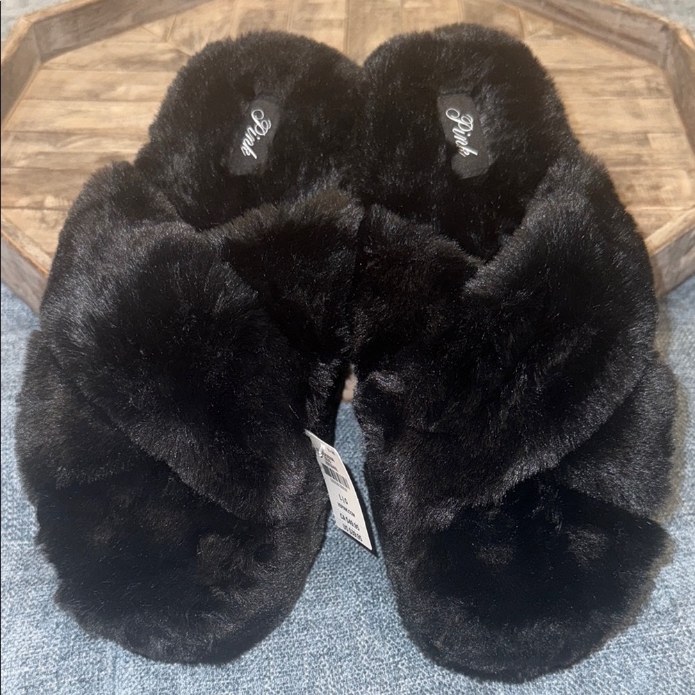 Pink Black Faux Fur Slippers